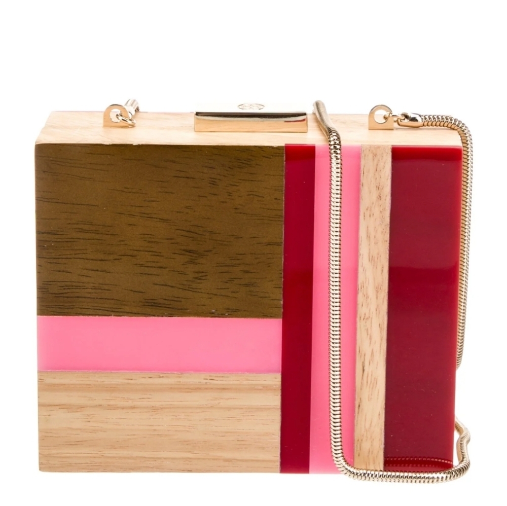 Tory Burch Wooden Block Box Clutch in Pink, Red, Natural Wood